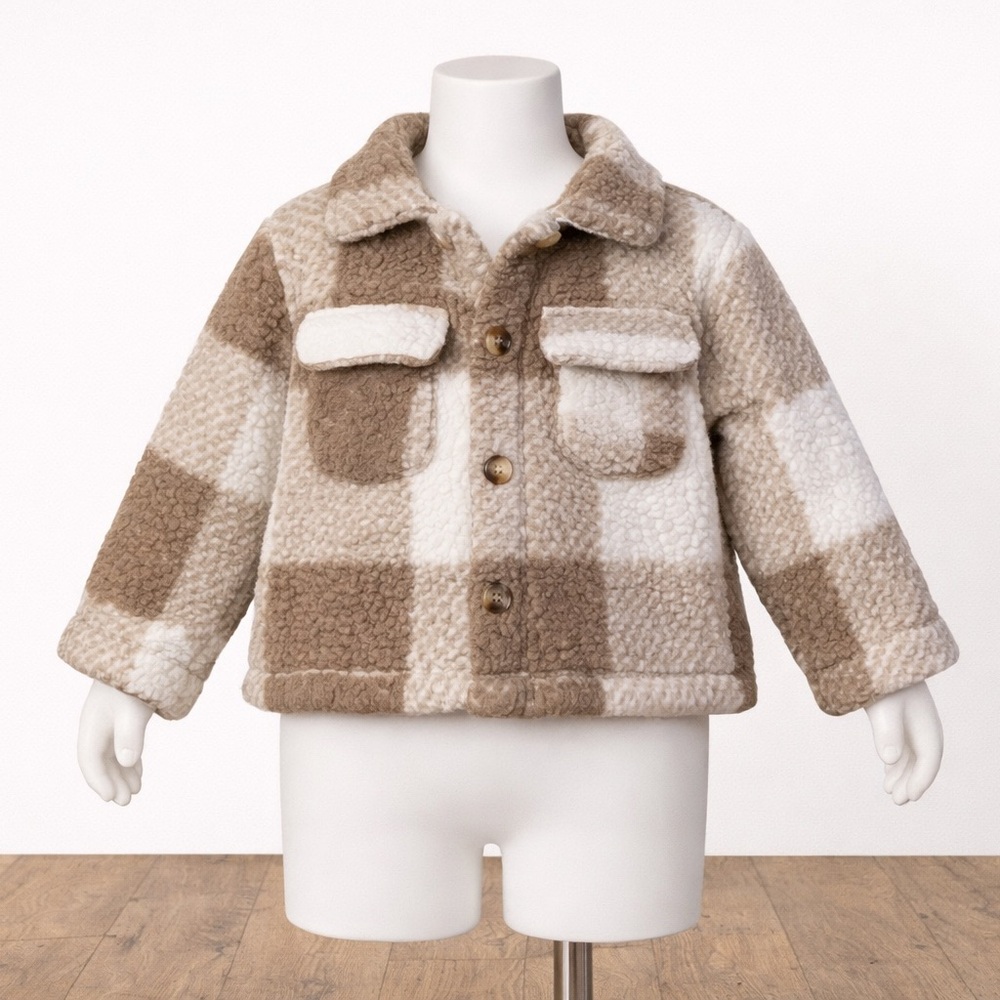 Kids Beige & Cream Plaid Sherpa Jacket Size 5Y